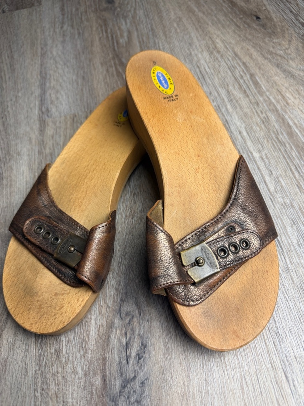Vintage Dr. Scholl’s Pescura Wooden Sandals Made in Italy Leather Slides Size 8